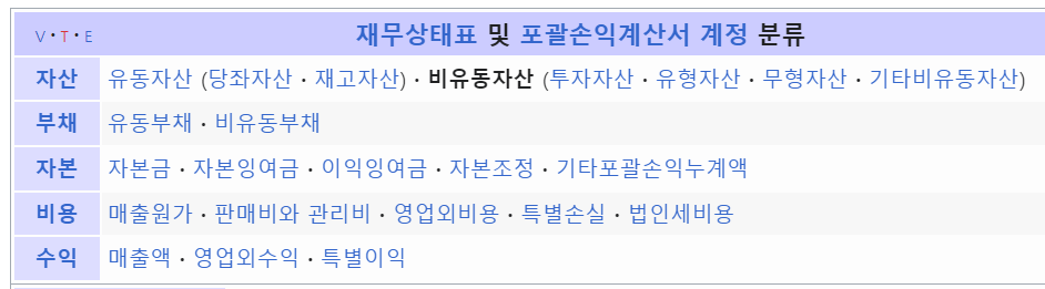 재무상태표 및 포괄손익 계산서 계정