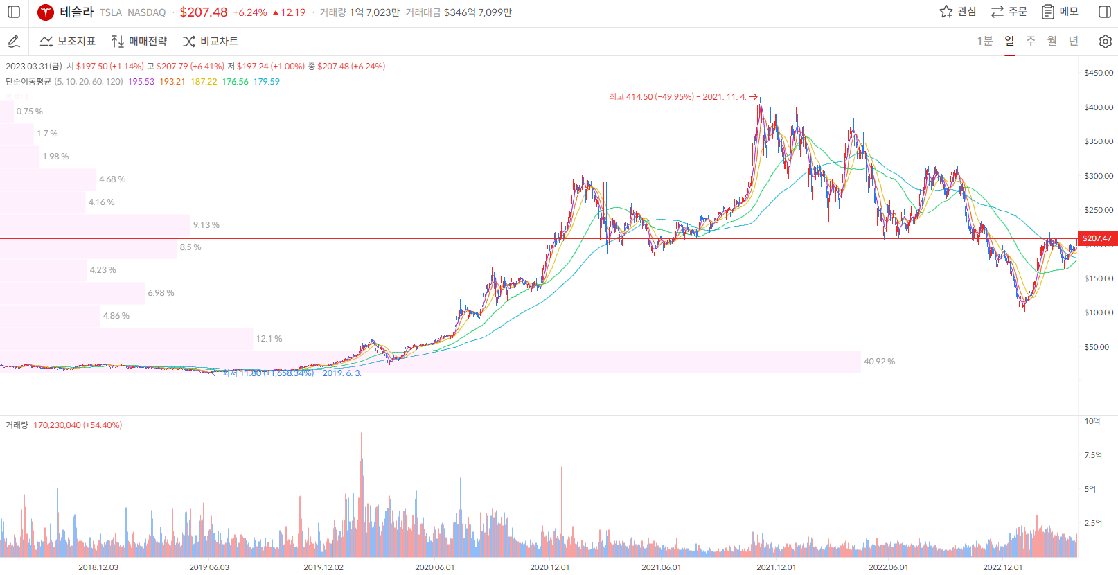 테슬라 주가 일봉