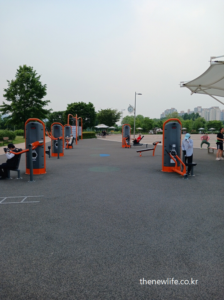 People working out at a fitness zone in a public park, using modern strength training machines.-공원에 마련된 최신형 근력 운동 기구에서 운동하는 시민들의 모습.