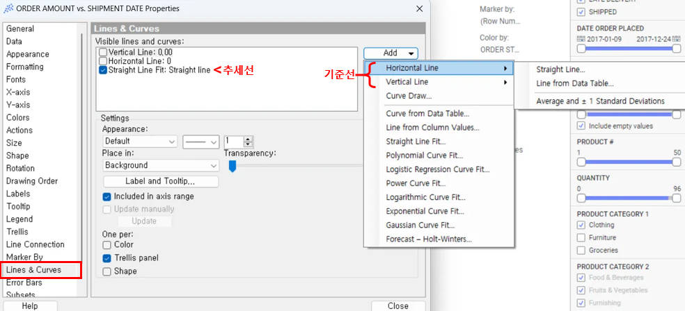 scatter plot 추세선과 기준선