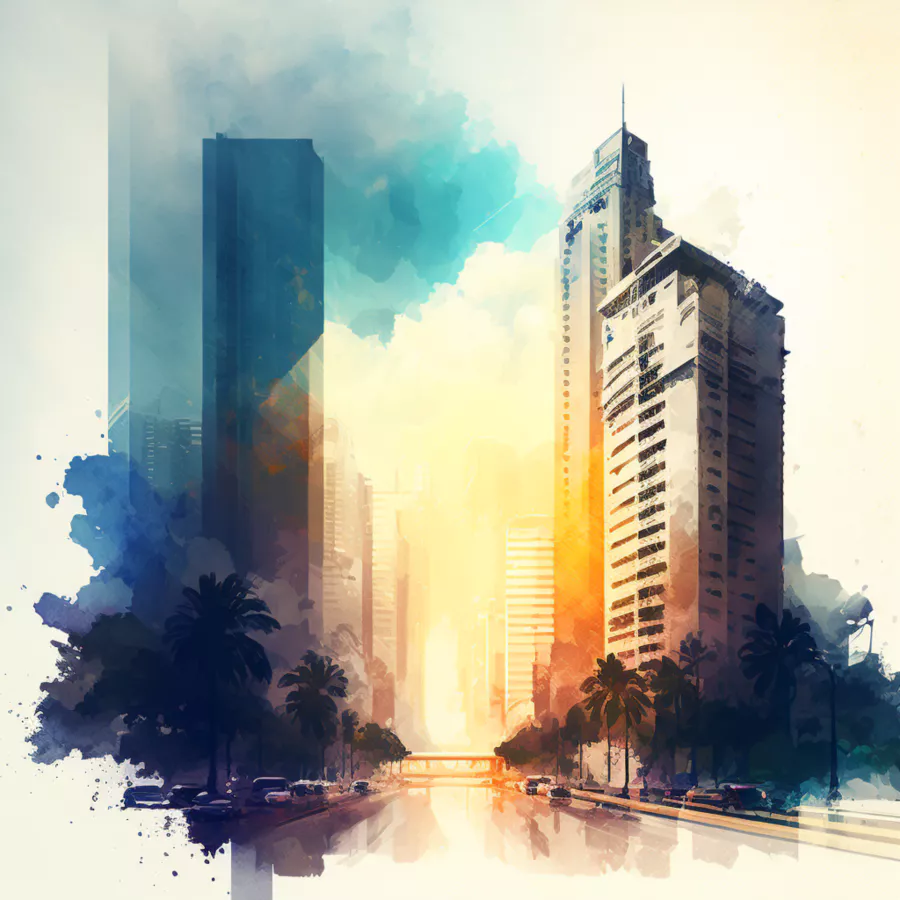 /imagine prompt: {watercolor&amp;#44; digital painting&amp;#44; airbrush art} style of modern city view 결과 1