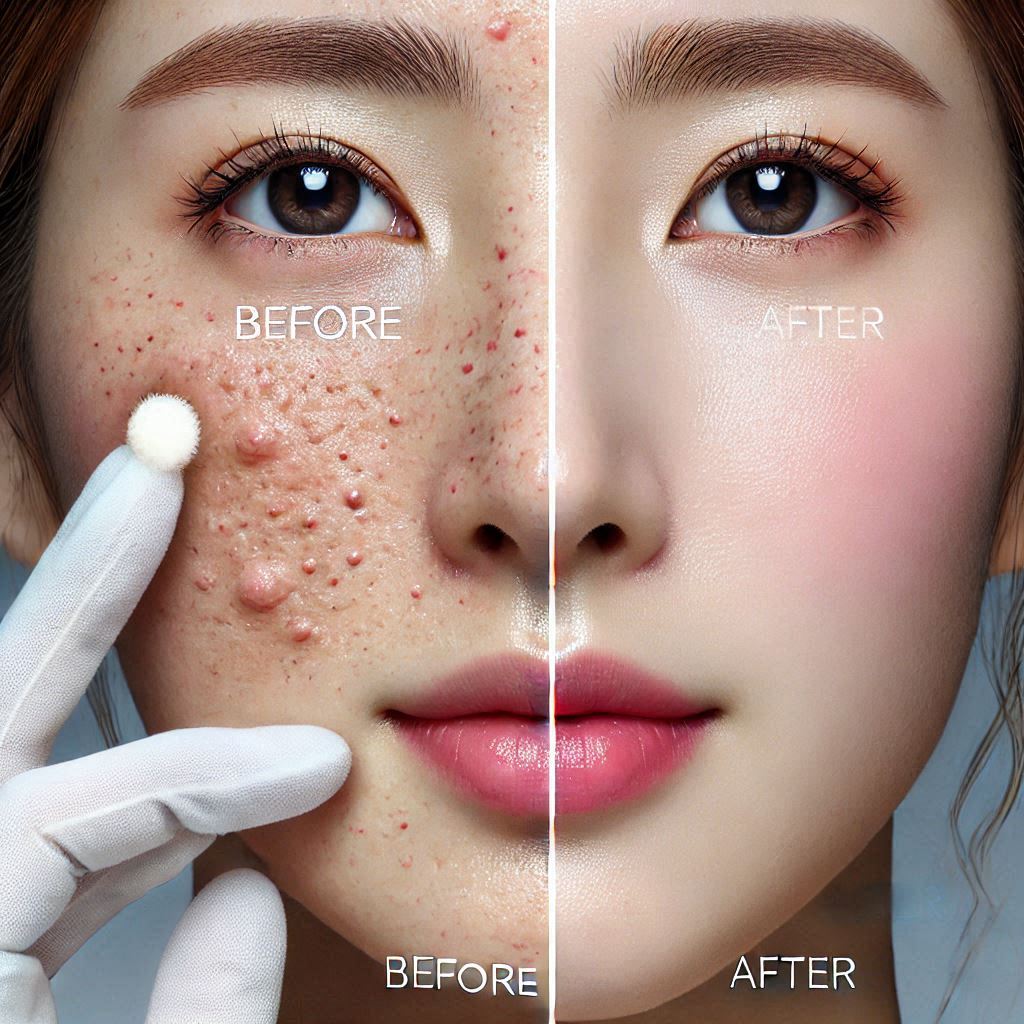 모공 치료 전후 비교 임상 사진. 왼쪽은 확장된 모공, 오른쪽은 치료 후 개선된 피부 상태를 보여주는 피부과 진료 사진