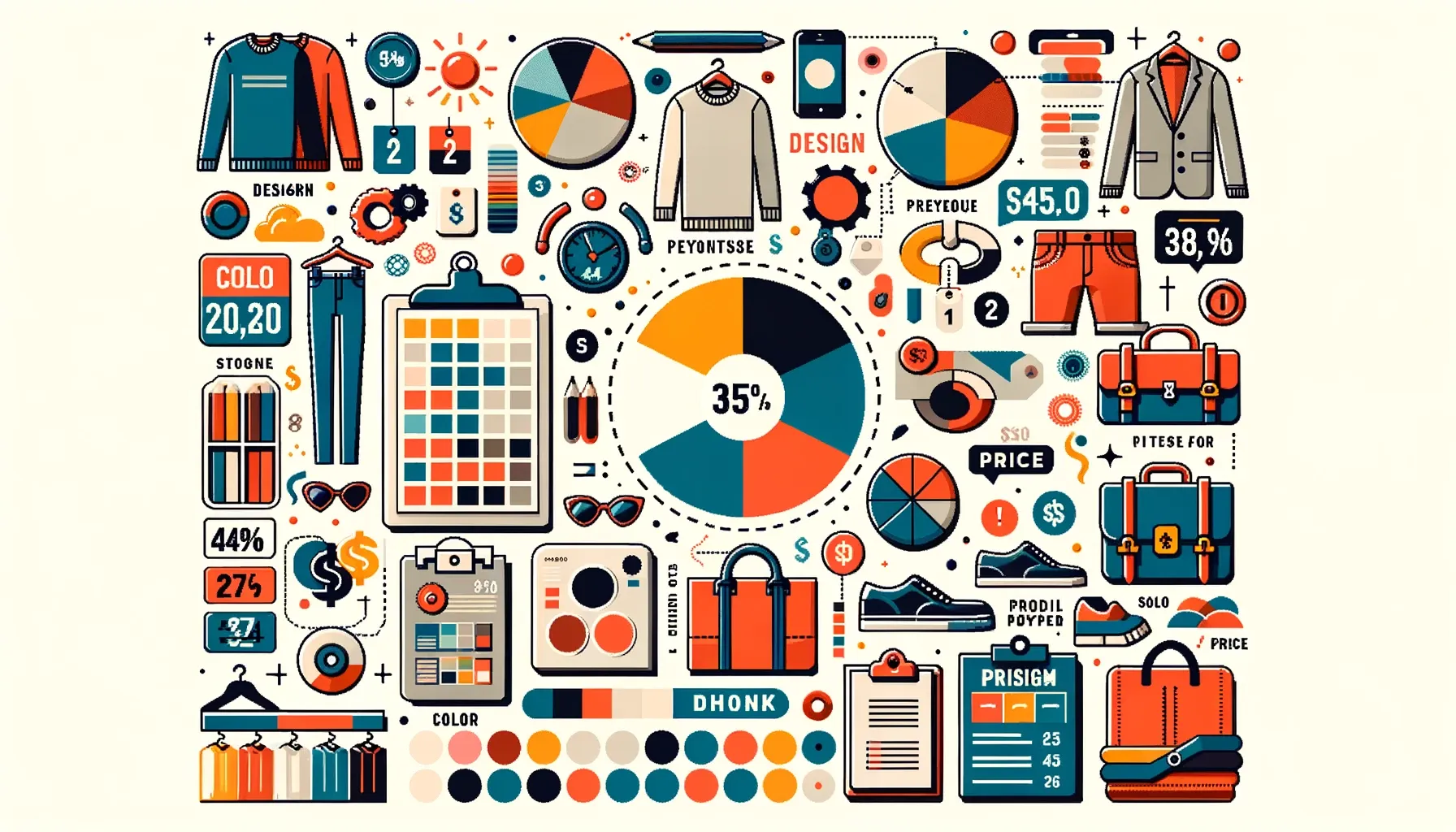Vector infographic showcasing various clothing items&#44; color swatches&#44; and price tags&#44; highlighting the elements of design&#44; color&#44; and price in a shopping context.