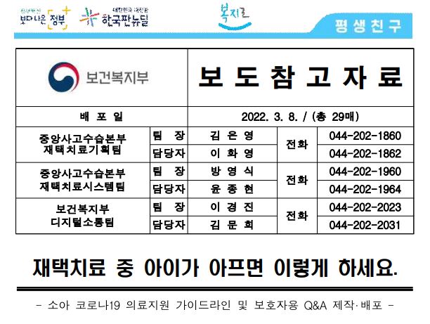  코로나 재택치료 중 아이가 아프면 이렇게 하세요- 소아 코로나19 의료지원 가이드라인