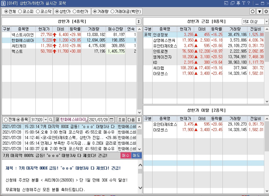 7월 28일 상한가 넥스트사이언스 한화에스비아스팩 씨티케이 맥스트