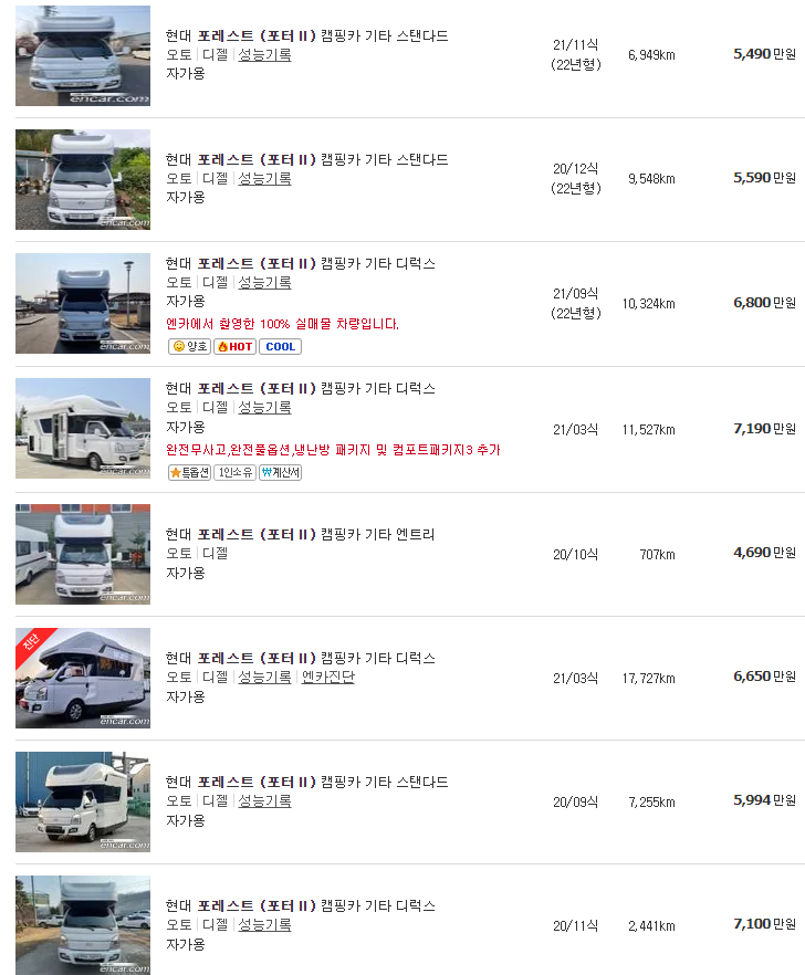 현대 캠핑카 포레스트 중고차 가격