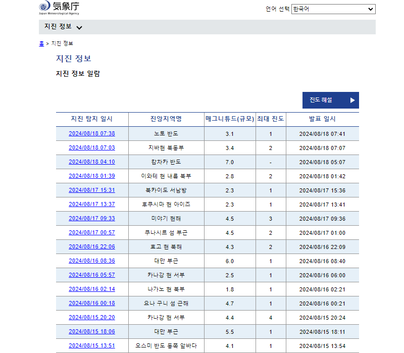 일본 기상청 지진정보 알림