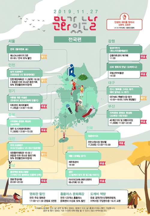  추운 겨울, 가족의 따스한 정 느끼는 11월 ‘문화가 있는 날’실내 전시부터 지역문화행사·프로스포츠 등 전국 2506개 프로그램 진행