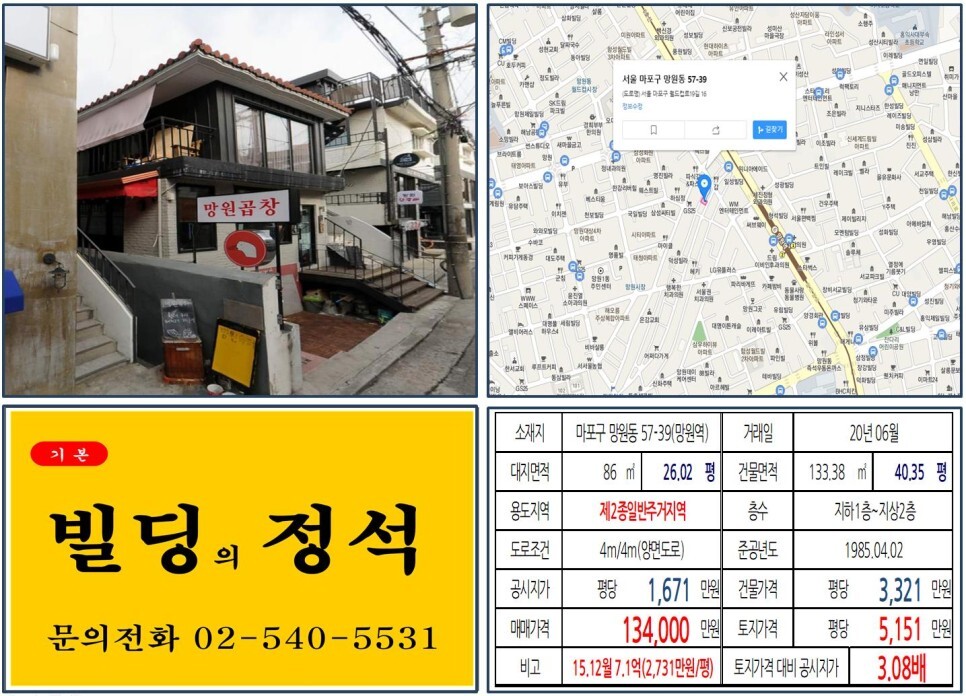  [마포구 망리단길 올근생 10억 꼬마빌딩 실거래가 조회] 망원동 57-39 (망원역) 13.4억 원, 평당 5,151만 원 매매되었습니다. 망원