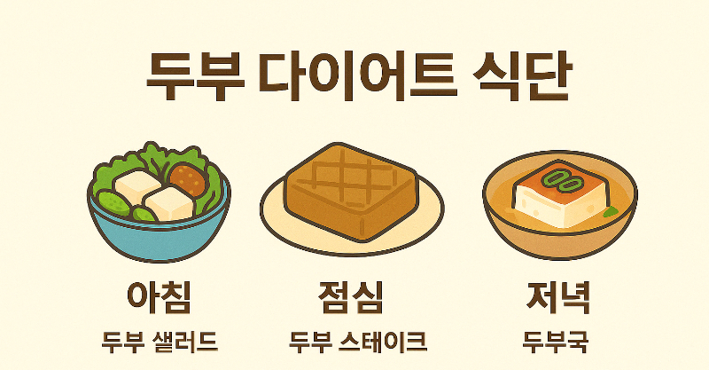 두부 다이어트 식단 예시 – 아침 두부샐러드, 점심 두부스테이크, 저녁 두부김치 또는 두부국 인포그래픽