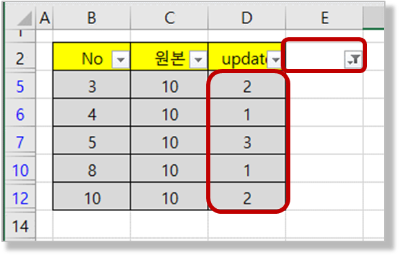 숨긴 행에 해당한는 update행의 데이터 삭제