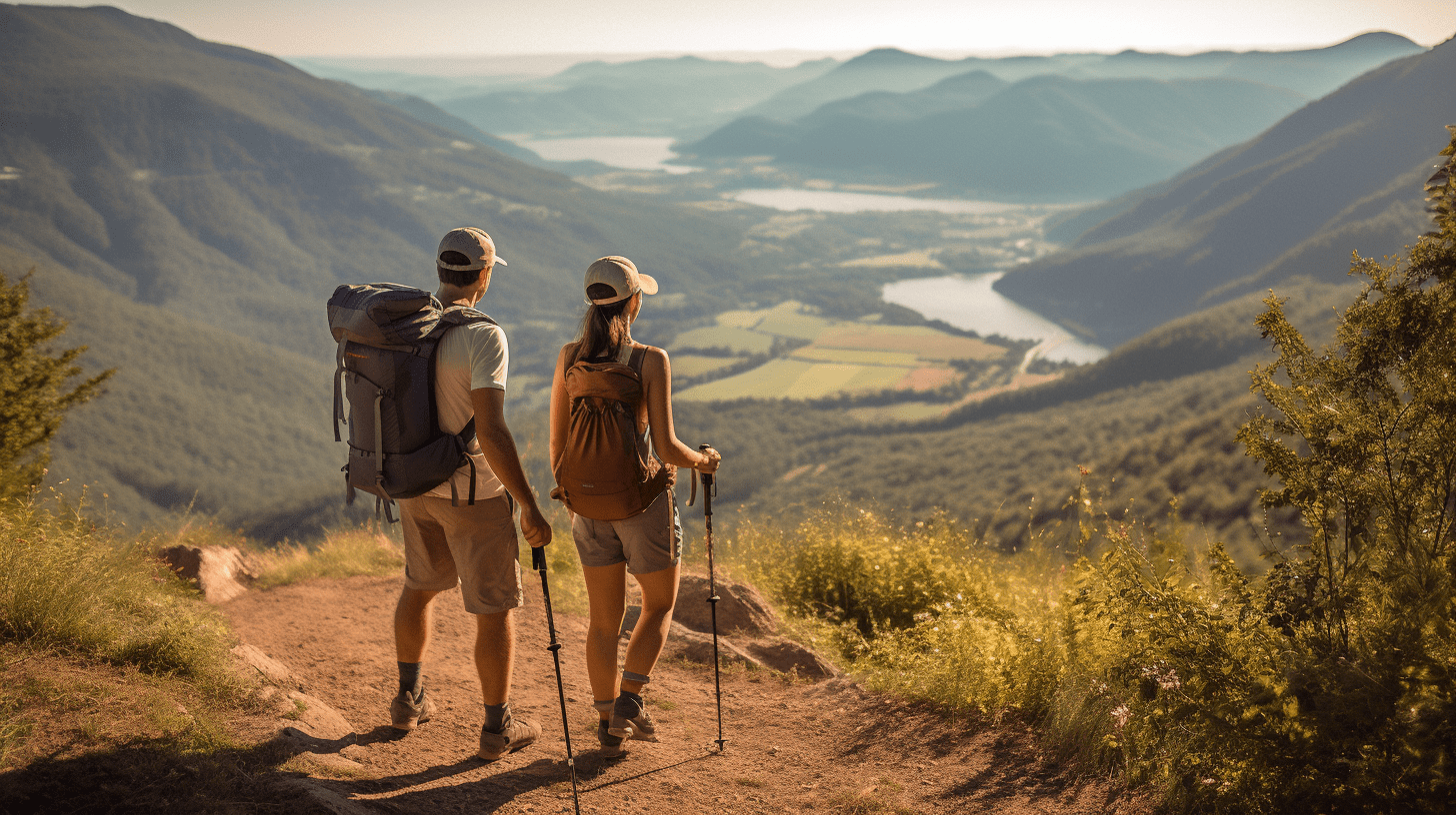 An image of two friends having a conversation while hiking on a beautiful mountain trail.