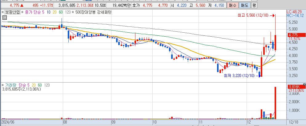 12월 18일 상한가이탈 종목 보광산업 일봉 차트