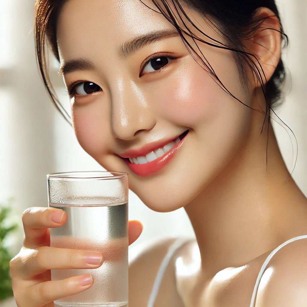 물을 마시는 여성과 촉촉한 피부 이미지