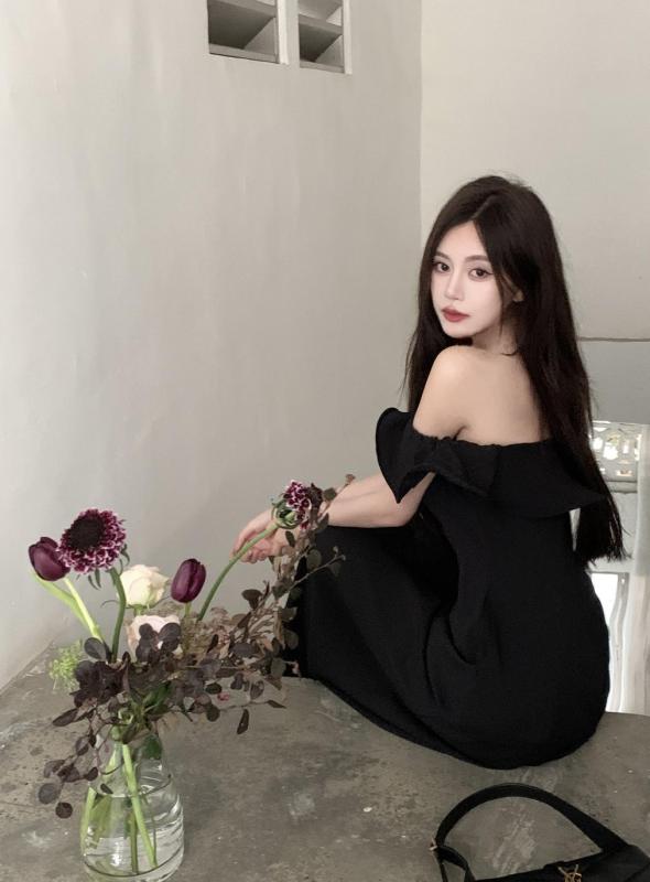 블랙 오프숄더 원피스 여름 롱 스커트
