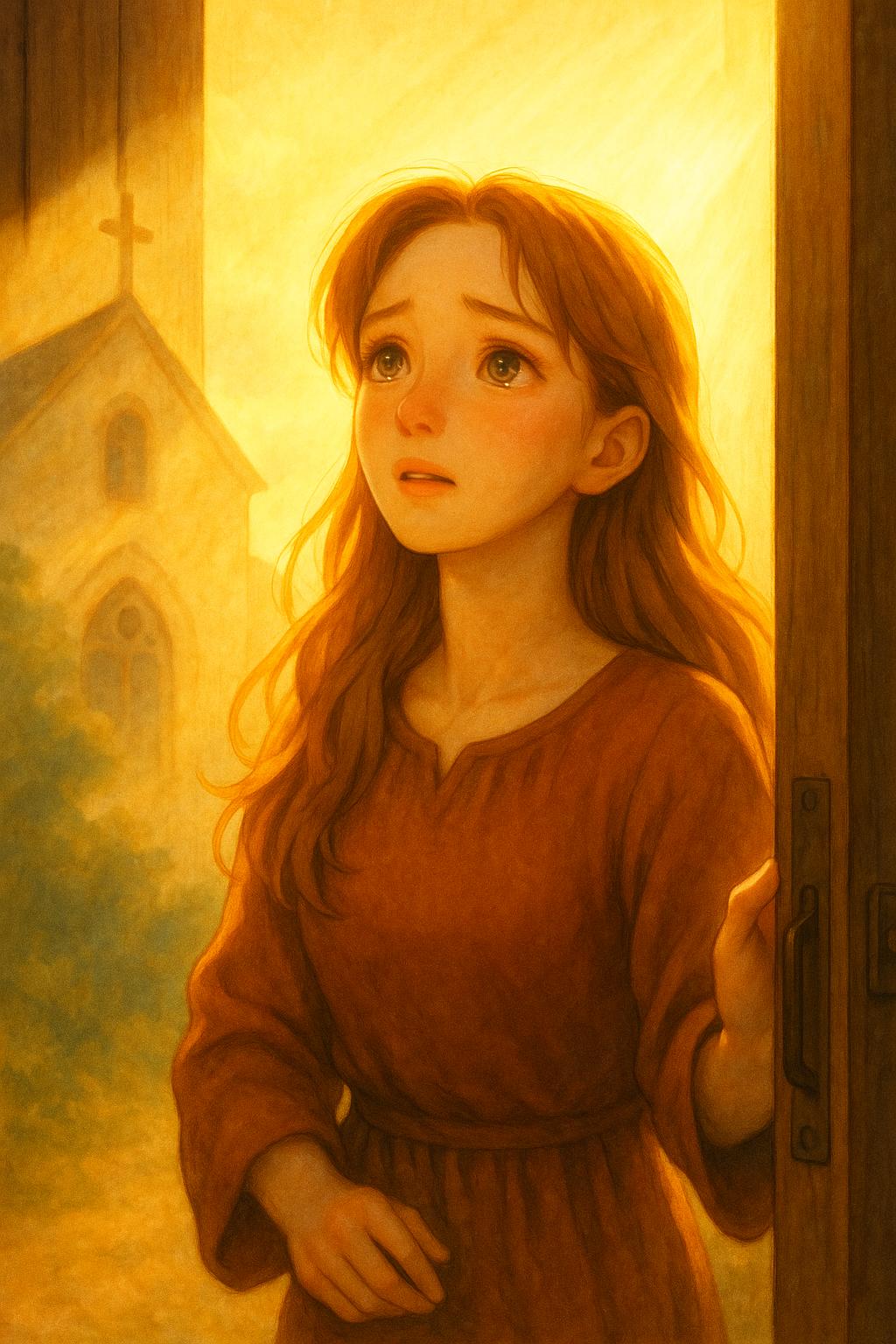 따뜻한 햇살이 비추는 교회 문 앞에서, 긴 머리의 젊은 여인이 문을 열며 안쪽을 바라보고 있다. 눈빛은 촉촉하고 간절하며, 그녀의 머리 위로 부드럽게 퍼지는 빛과 뒤편의 희미한 교회 첨탑의 십자가가 영적인 결단의 순간을 상징한다.