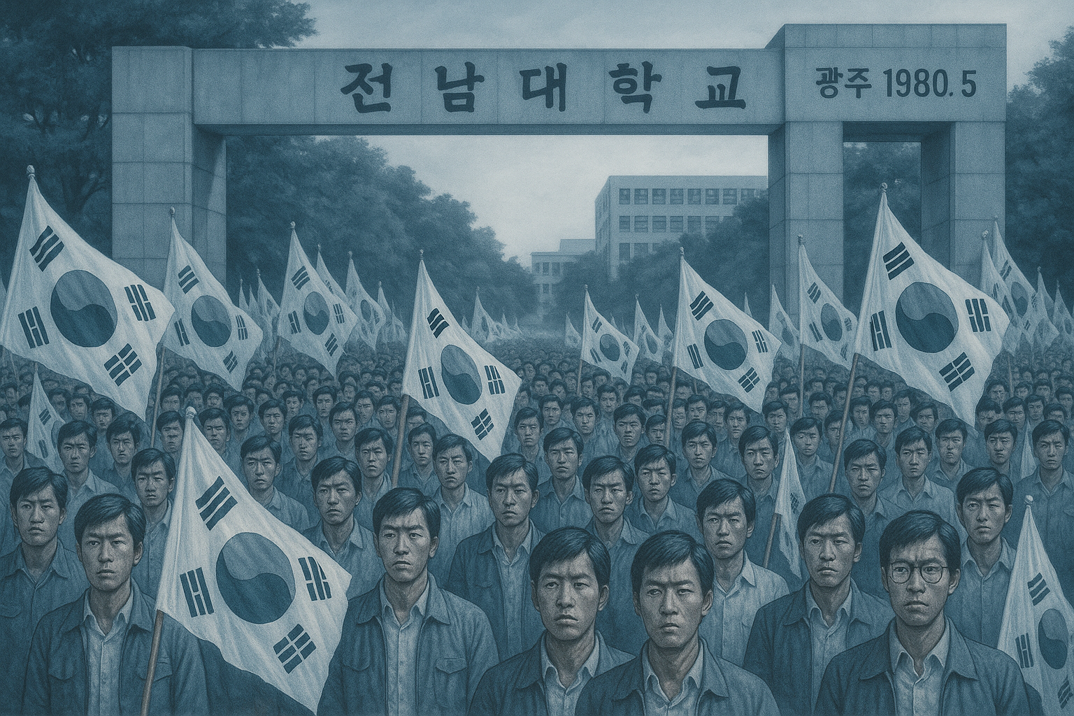 5·18 초기 항쟁의 단결된 시민들을 시각화한 AI 그림