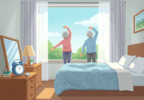아침 햇살이 비치는 침실에서 활기차게 운동하는 건강한 한국인 노부부. 노인성 불면증 극복을 위한 수면 위생과 규칙적인 생활 습관의 중요성을 보여줍니다.