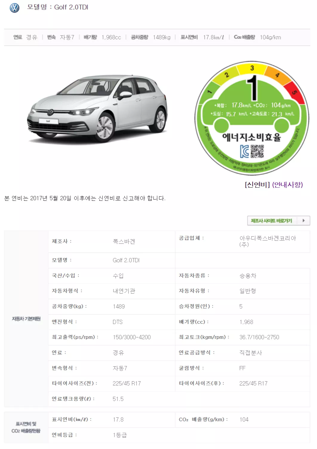 폭스바겐 8세대 골프의 국내 연비 인증 정보입니다. (출처 : 에너지환경공단)