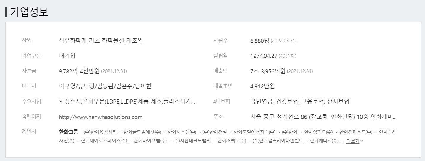 한화솔루션 기업정보 (출처 : 잡코리아)