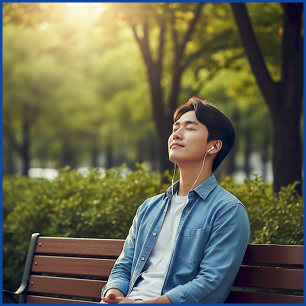 공원에서 햇볕을 쬐며 명상하는 남성. 약물 치료 외에 정신 건강을 관리하는 방법을 보여준다.