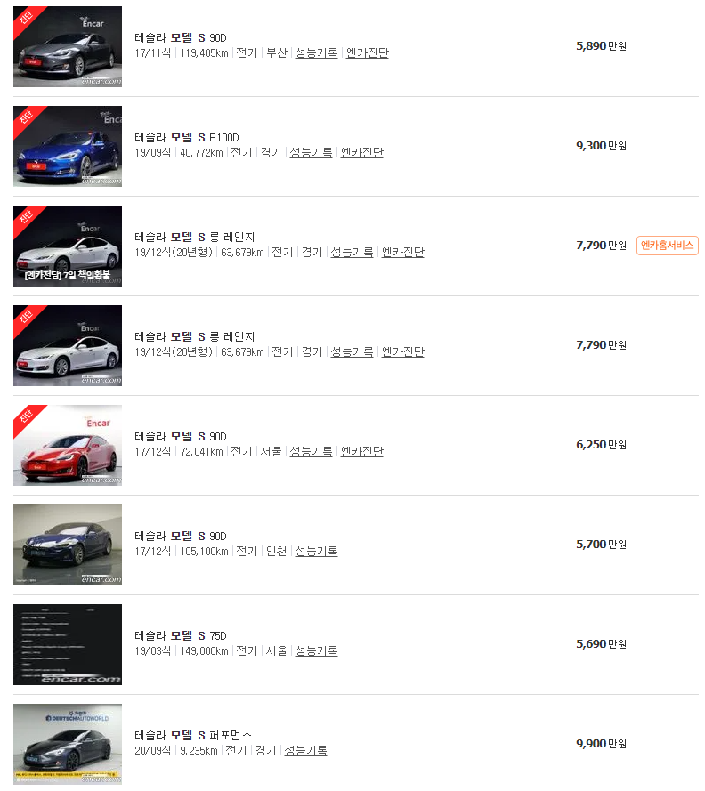 테슬라 모델 S(12년~23년식) 중고차 가격
