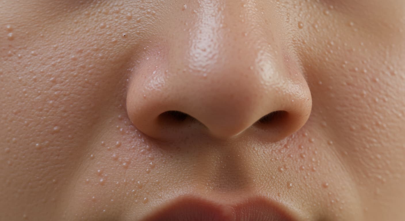 여름철 땀과 피지로 번들거리는 동양인 피부 클로즈업 – 넓어진 모공과 과다 피지 분비를 사실적으로 표현한 이미지