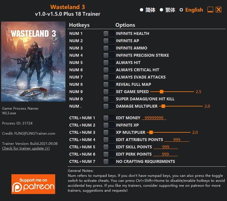  [트레이너] 한글판 웨이스트랜드3 최신 영문판 Wasteland 3 v1.0-v1.5.0 Plus 18 Trainer