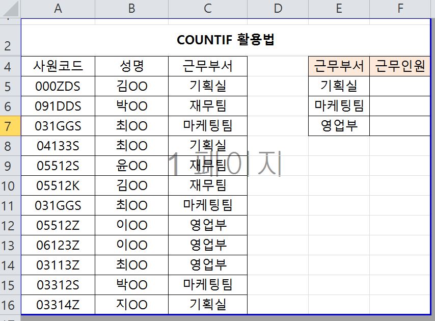  엑셀 countif 함수(엑셀 countif 사용법)