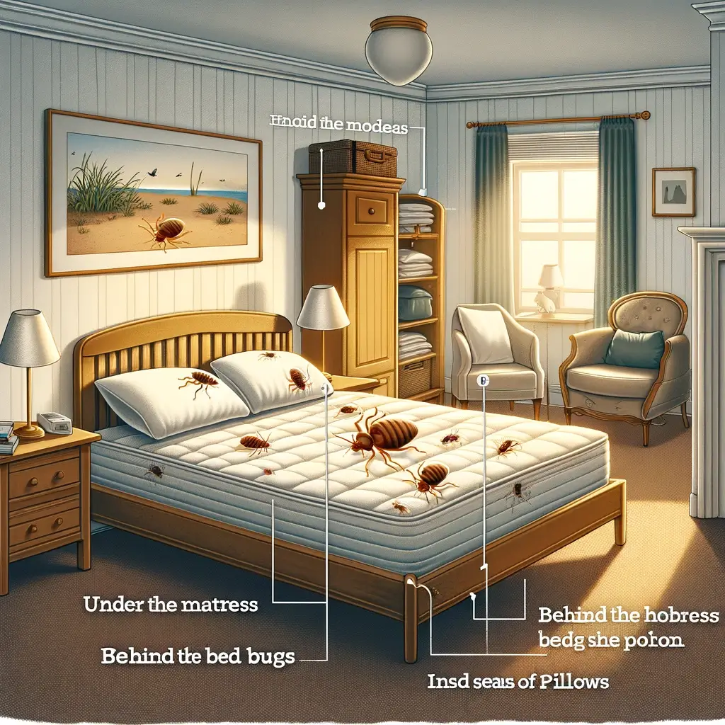 침실의 다양한 부분을 보여주며&#44; 빈대가 숨을 수 있는 공간들을 강조하고 있습니다. 침대 아래&#44; 침대 머리판 뒤&#44; 베개의 솔기 안쪽과 같은 장소들이 명확하게 표시되어 있습니다.