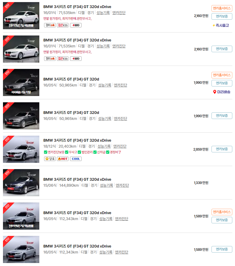 BMW 3시리즈 GT (F34)(13년~23년식) 중고차 가격