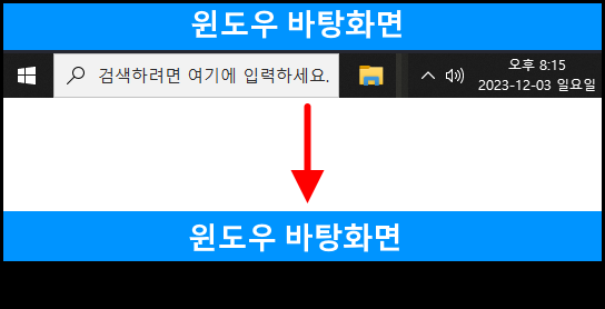 윈도우 시작 버튼이 있는 하단 작업표시줄이 검은색으로 변한 화면