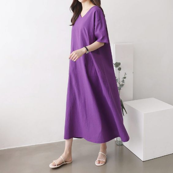  브이네크라인 아웃포켓 마혼방 A라인 롱원피스