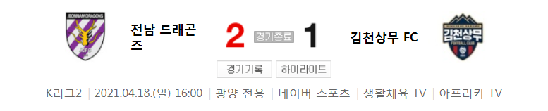  K리그2 / 국내축구 - 전남 VS 김천상무 (2 - 1) 2021시즌 7라운드 하이라이트 (2021년 4월 18일)
