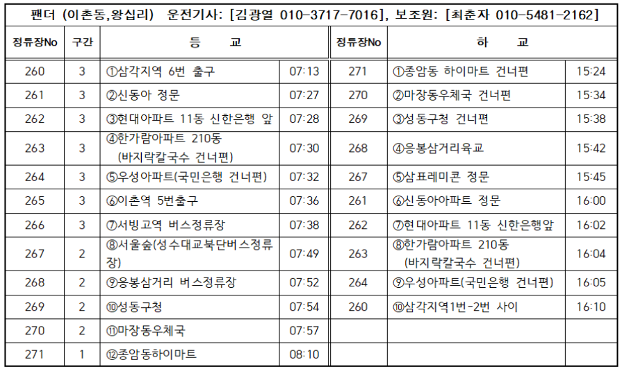 영훈초 팬더 셔틀 노선 시간표