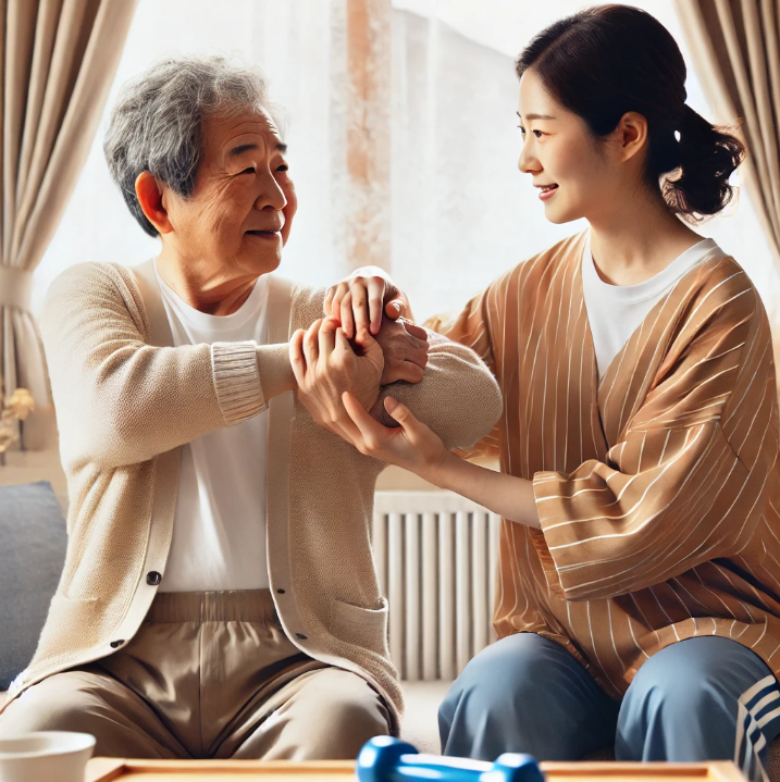 요양보호사와 함께 가벼운 실내 체조를 하는 모습