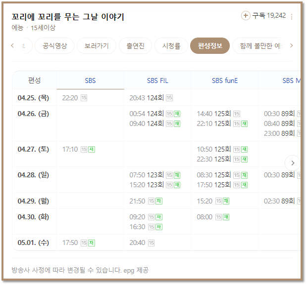 SBS 예능 꼬리에 꼬리를 무는 그날 이야기 편성표