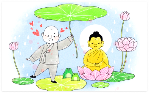 석가탄신일-캐릭터-포스터-이미지-연꽃-위에-가부좌를-튼-부처님과-옆에서-기뻐하는-동자승의-모습