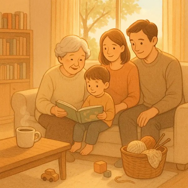 할머니와 아이, 부모가 소파에 나란히 앉아 웃으며 책을 보고, 테이블에는 커피와 실타래 바구니가 놓인 아늑한 감성 일러스트