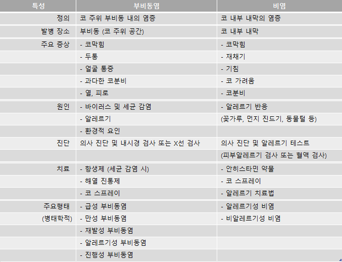 부비동염 충농증 비염 차이 비교 표