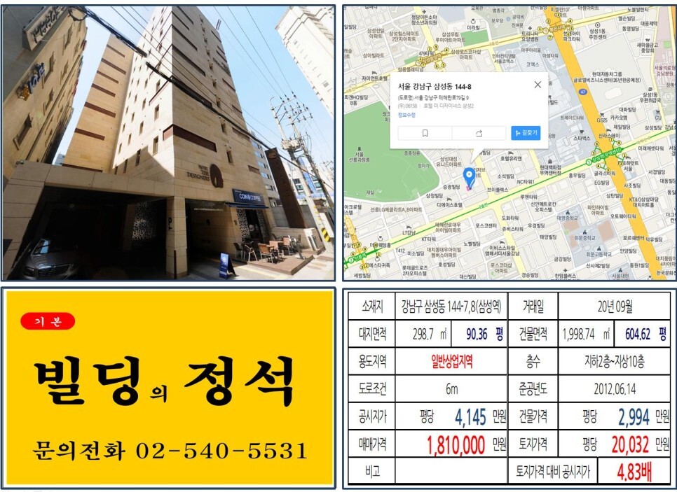  [강남구 180억 꼬마빌딩 실거래가 조회] 삼성동 144-7,8 (삼성역) 181억 원, 평당 2억 32만 원 매매되었습니다. 호텔더디자이너스