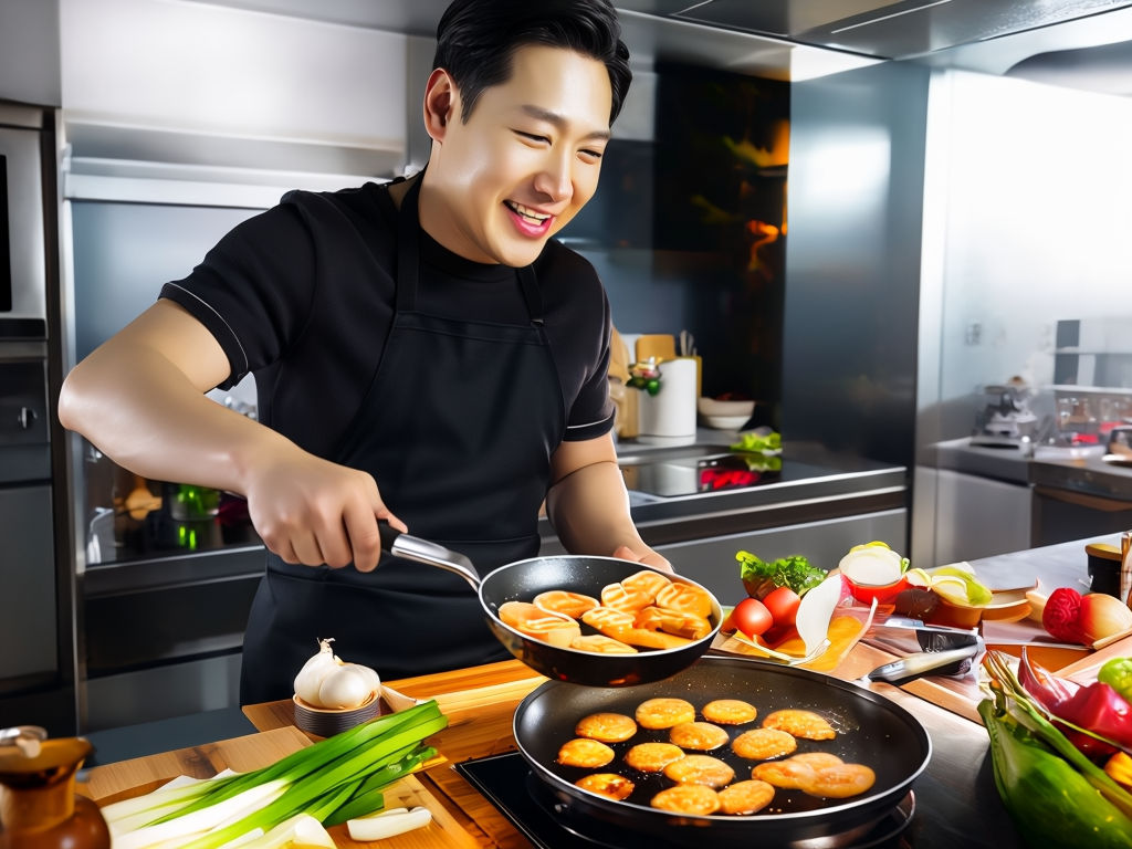 후라이팬을 이용해 즐겁게 요리하는 남성
