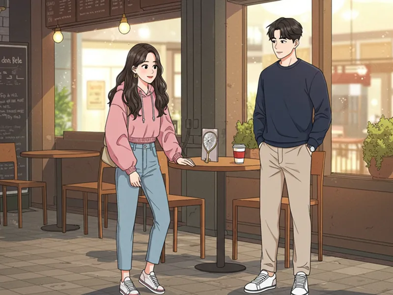 &quot;카페에서 연애 위험 신호를 논의하는 두 사람의 코믹북 스타일 이미지&quot;