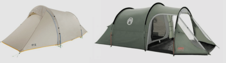 리빙쉘 텐트, 왼쪽은 터널형 텐트, 오른쪽은 터널형 리빙쉘 텐트