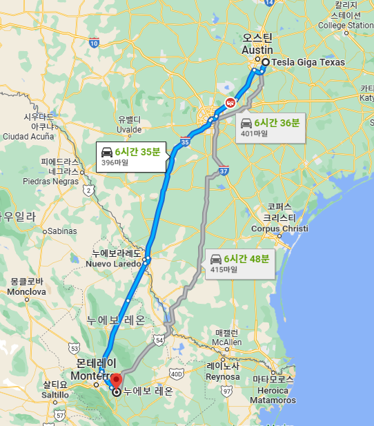 그림 4. 구글 맵 상 기가 텍사스와 누에보 레온까지는 차량으로 6시간 30분 정도 밖에 걸리지 않는다. 이 큰 대륙에서 이정도의 거리는 상당히 가까운 거리 축에 속한다.-2
