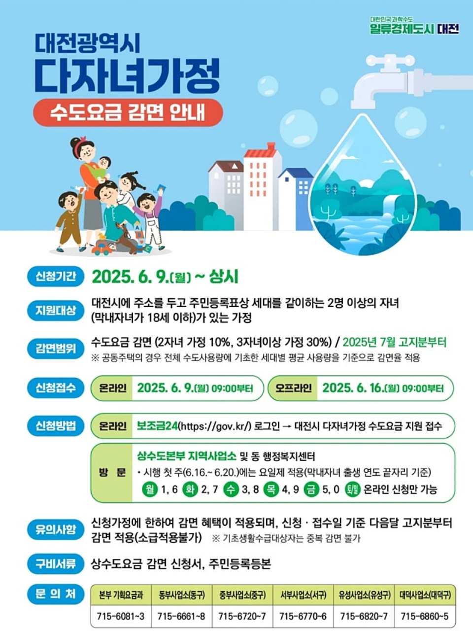 대전광역시 다자녀가정 수도요금 감면 안내