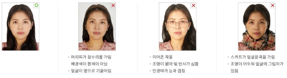 옷, 스카프 등으로 얼굴 윤곽을 가지리 않게 찍는 규정을 설명하는 여성의 예시 사진