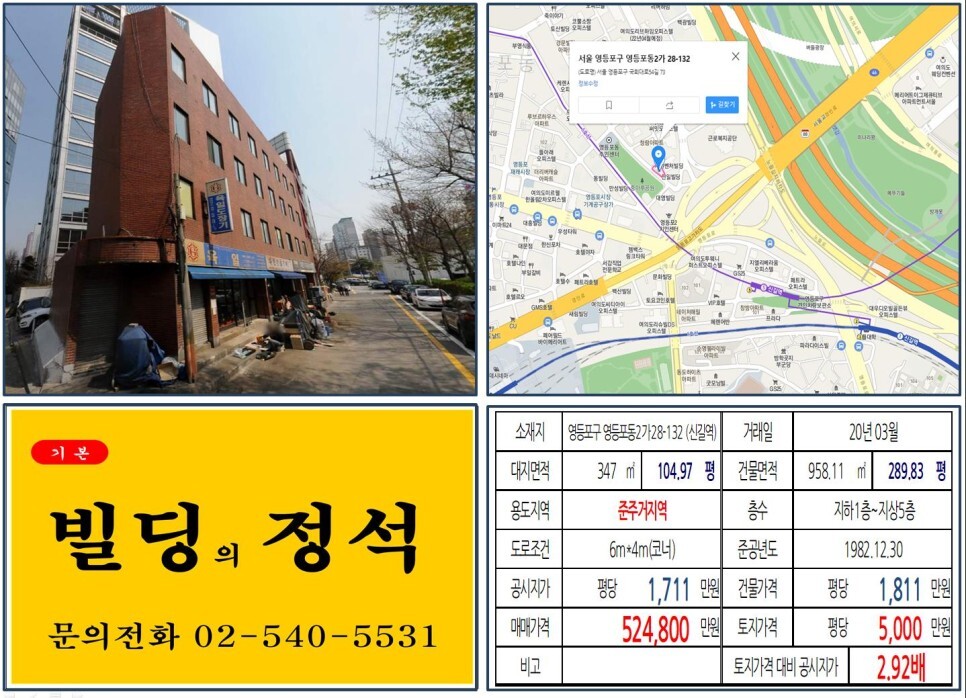  [영등포구 영등포기계상가 50억 꼬마빌딩 실거래가 조회] 영등포동2가 28-132 (신길역) 52억 4,800만 원, 평당 5,000만 원 매매되었습니다. 준주거지역 신축부지