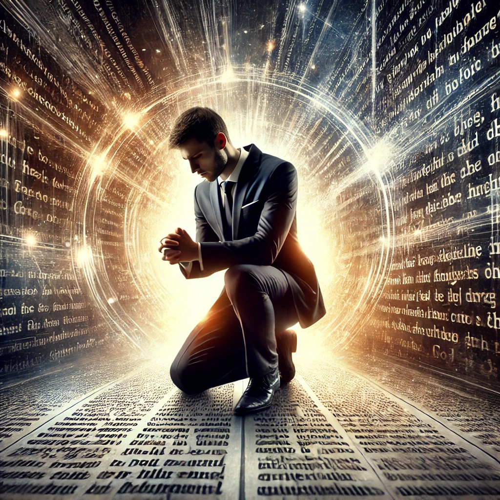 Here is the image depicting a person in deep prayer&amp;#44; kneeling with a focused and determined expression&amp;#44; seeking guidance from God. The scene conveys a spiritual atmosphere of reverence&amp;#44; determination&amp;#44; and a sincere desire for spiritual clarity and wisdom&amp;#44; surrounded by glowing scripture verses.