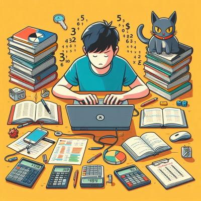 고양이와 함께 책상에서 공부하는 학생